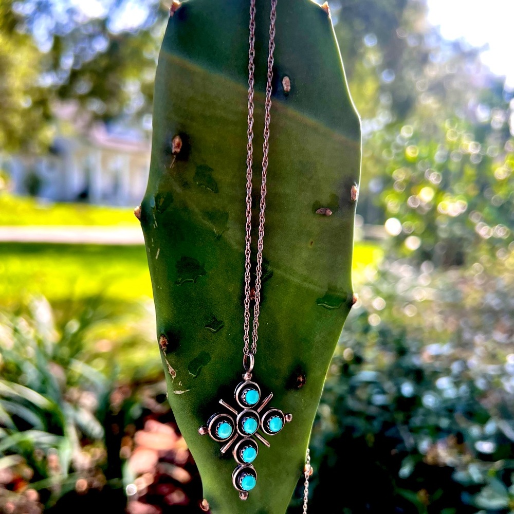 Genuine Retro Blue+ Red Turquoise + REAL Silver Cross Pendant 🌵
